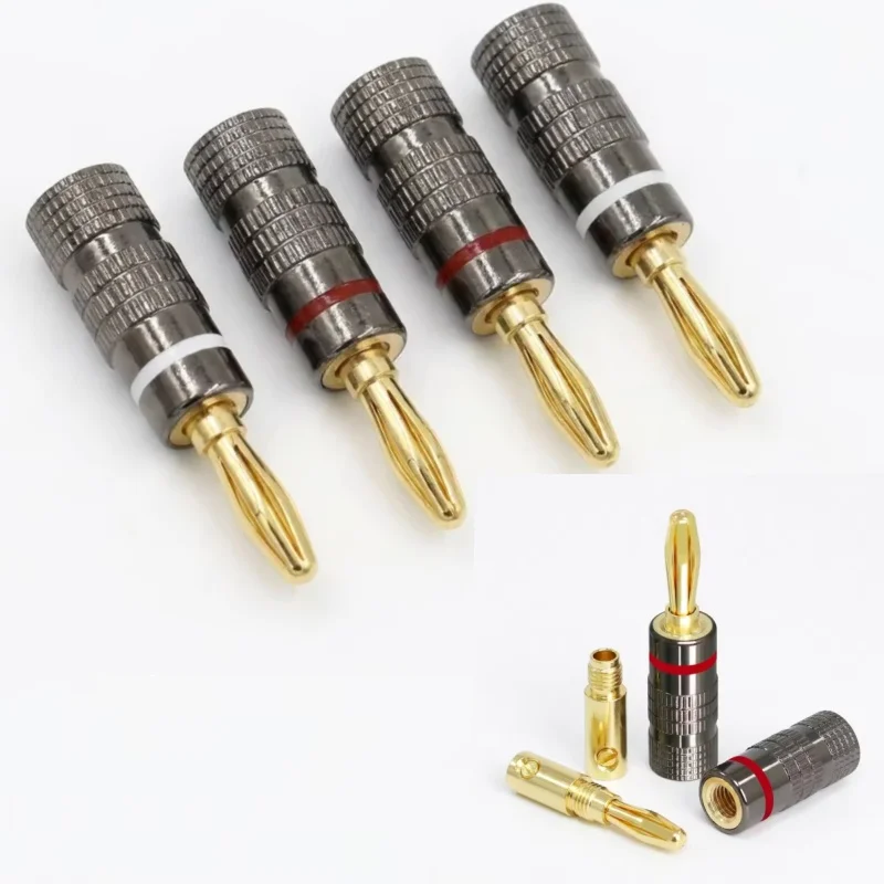 4pcs New Gun Metal BANANA PLUGS 24K Gold-plated 4MM Banana Connector with Screw Lock For Audio Jack Speaker Plugs White&Red