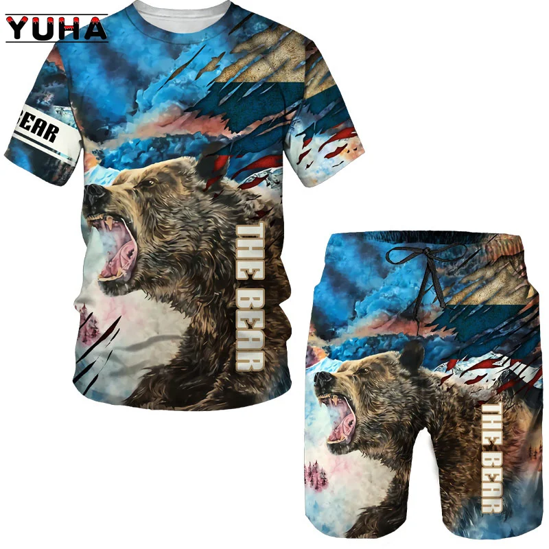 YUHA, Summer  Bear 3D Printed Men's T-shirt Shorts Set Men's Sportswear Tracksuit O Neck Short Sleeve Men's Clothing Suit