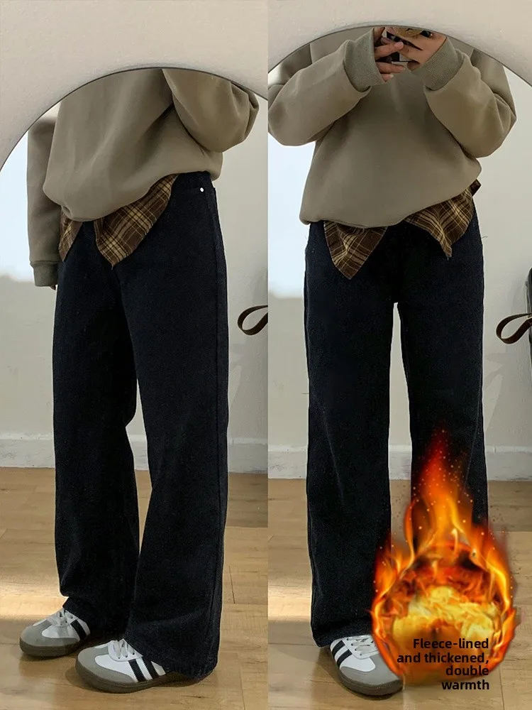 

plus Size Fleece Lined Straight Leg Thickened American Style Women's Jeans High Waist Casual Wide Leg Pants Winter Wear