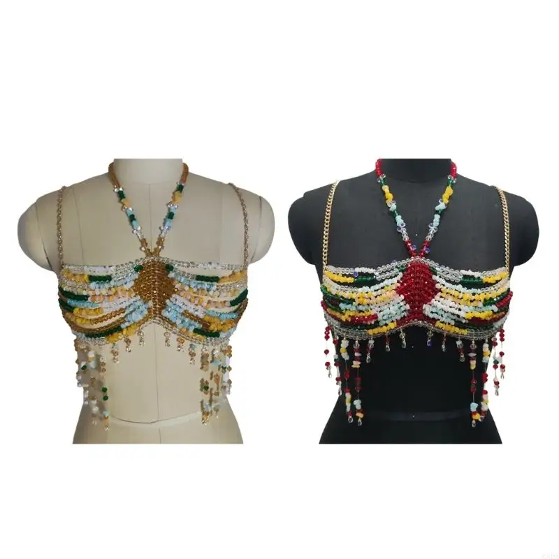 Women's Exotic Colorful Beads Tassels Halter Neck Bra Crop Top Body Jewelry Chest Chain Bralette Nightlcub Party Outfit 6XDA