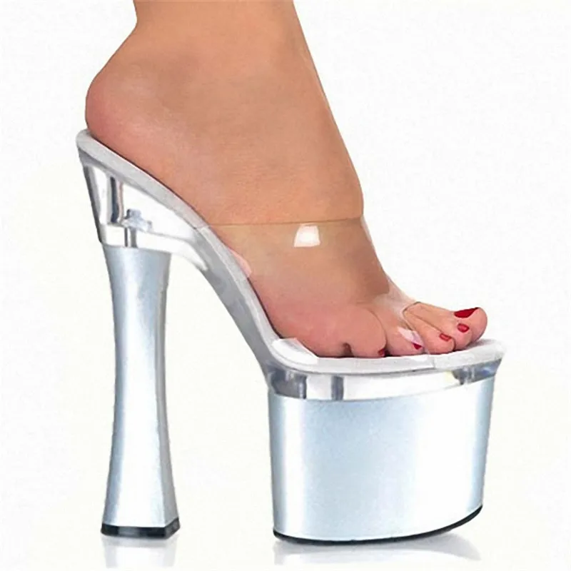 Zapatillas de cristal sexis de verano de 18cm, zapatillas de plataforma con lentejuelas de tacón alto para mujer, Sandalias de tacón alto transparentes de 7 pulgadas