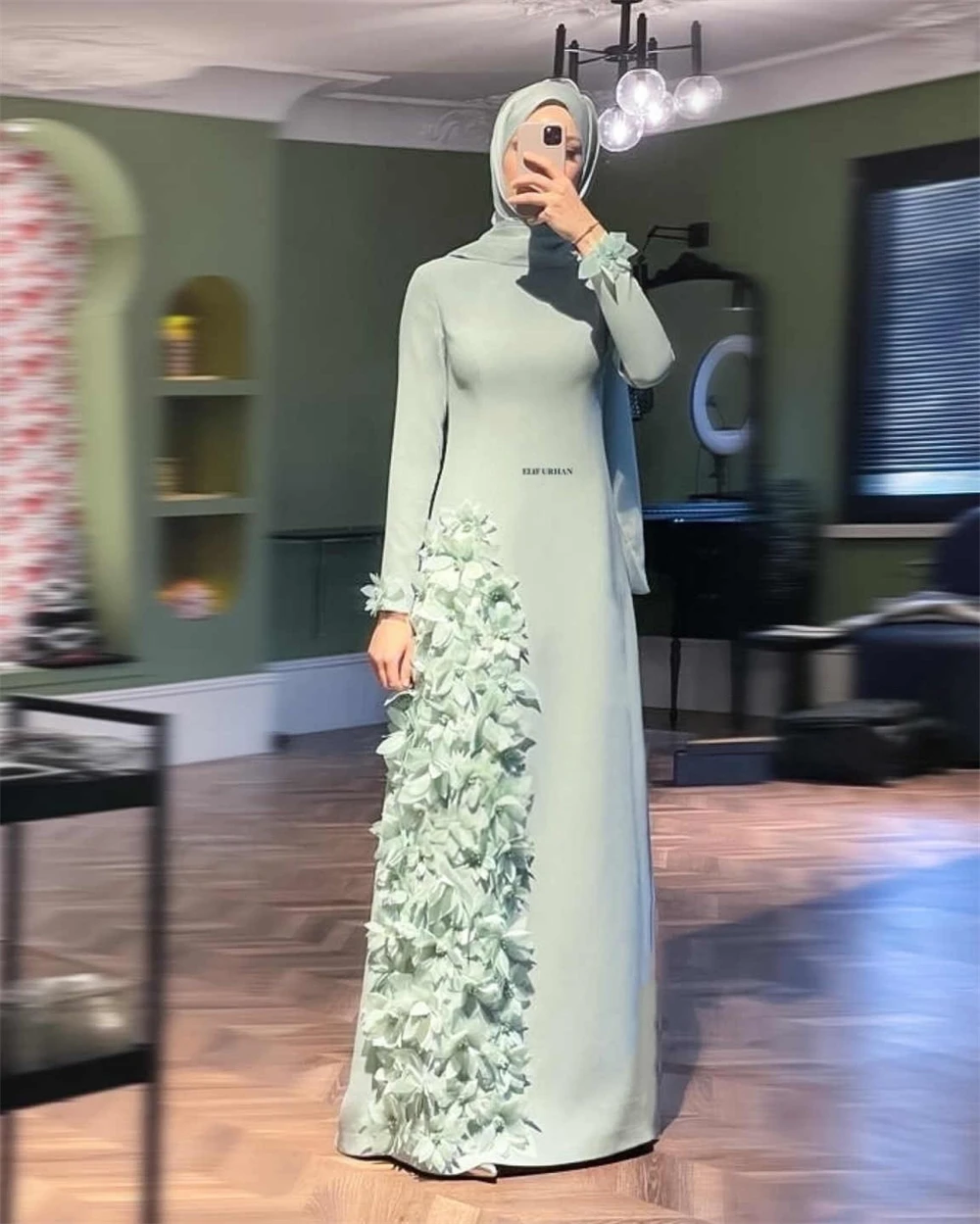 تخصيص جودة عالية الأخضر جيرسي مساء اللباس مزاجه س الرقبة طويلة الأكمام فستان الحفلة الراقصة الفاخرة فساتين المناسبات الخاصة