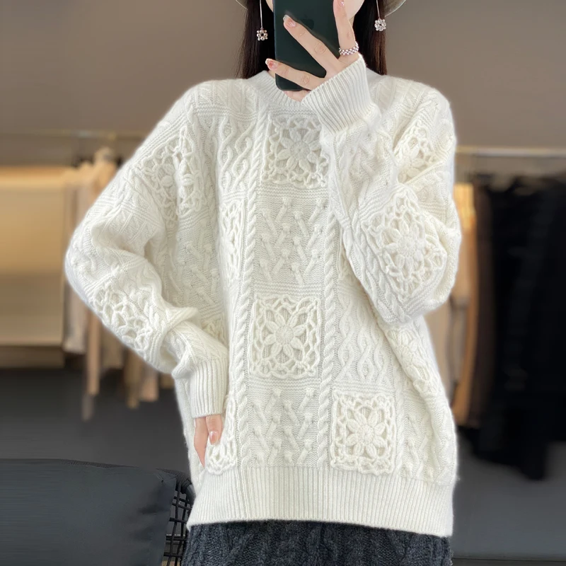 Cashmere sweater women\'s new O-neck pullover in autumn and winter 2023 100% Merino wool crocheted top fashion Korean version