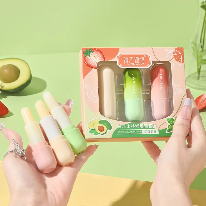 3 ピース/箱フルーツシリーズリップクリームセット保湿さわやか非粘着性ひび割れ防止唇マスクワセリン唇メイクアップギフト新しい
