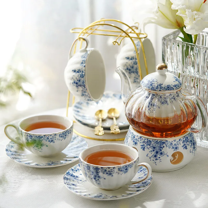 

New British Ceramic Afternoon Tea Set Luxury Blue and White Porcelain Flower Tea Pot Set Candle Heated Glass Tea Pot Set