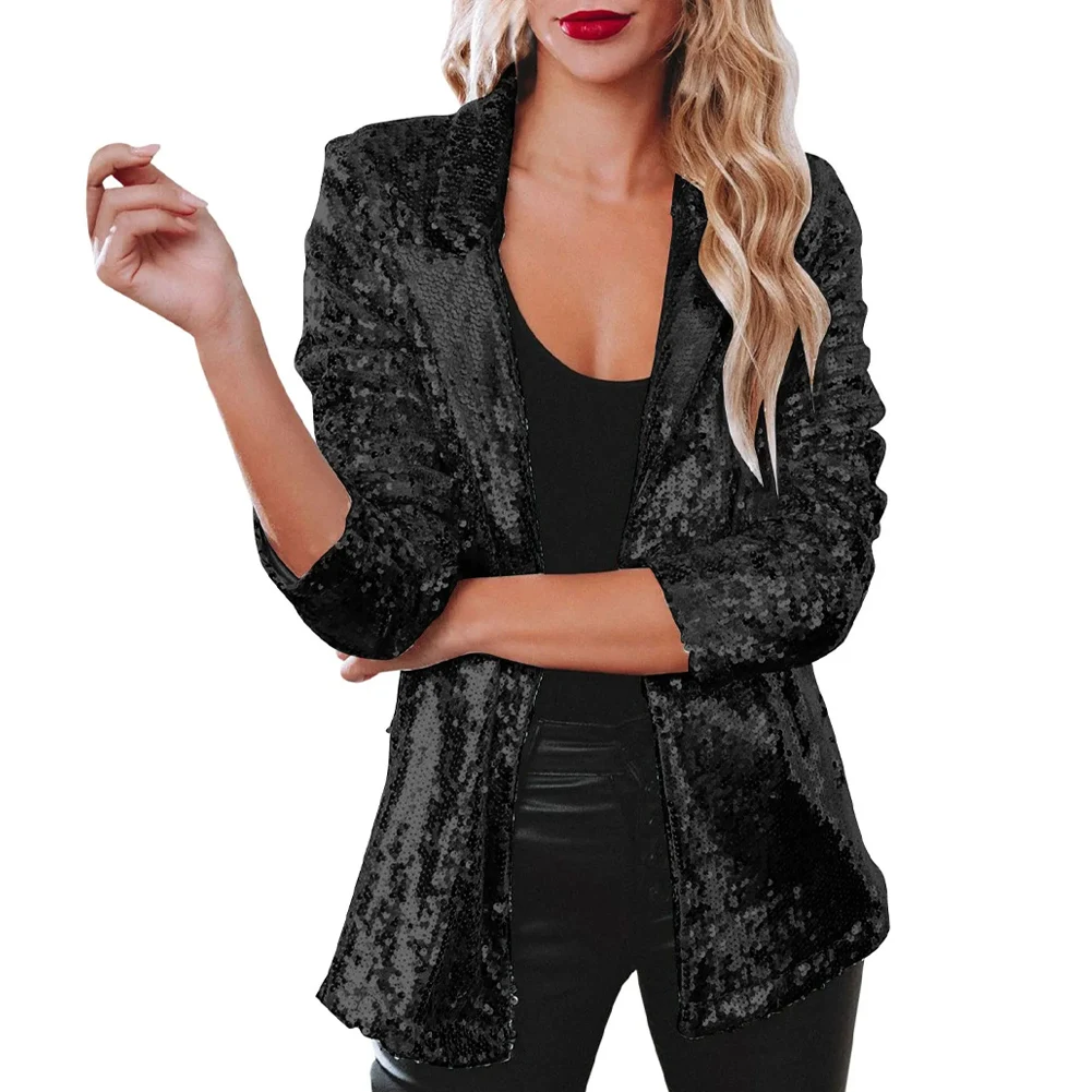 Female Blazer Lapel Long Sleeve Outerwear Party Sequins Shinny Street Temperament Y2K Casual Coat Inelastic Comfy