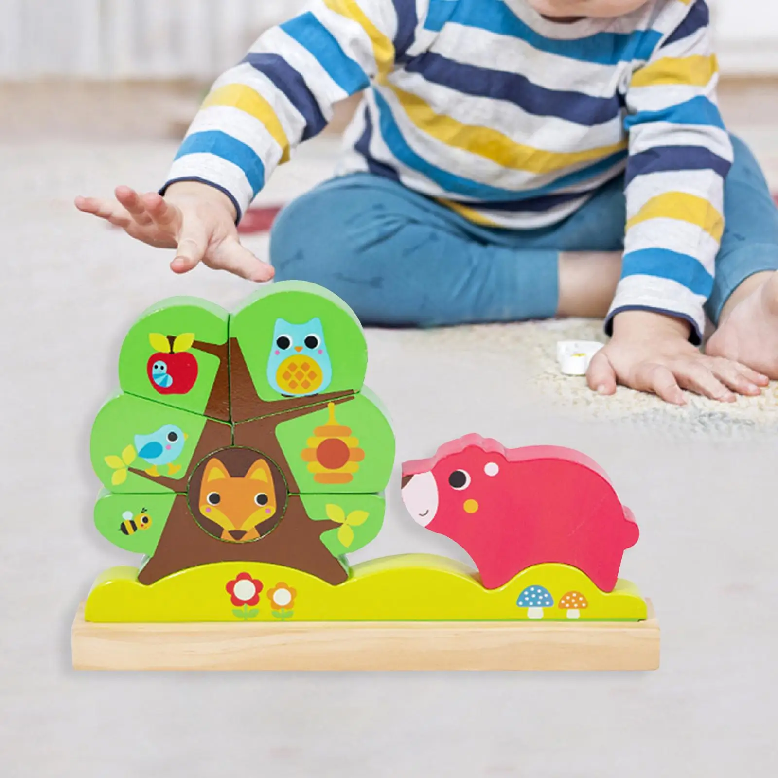 Cartoon Tree Puzzle Building Blocks Fine Motor Skill Learning Activities Wooden Handicraft Toy for Kids Birthday Travel Toy