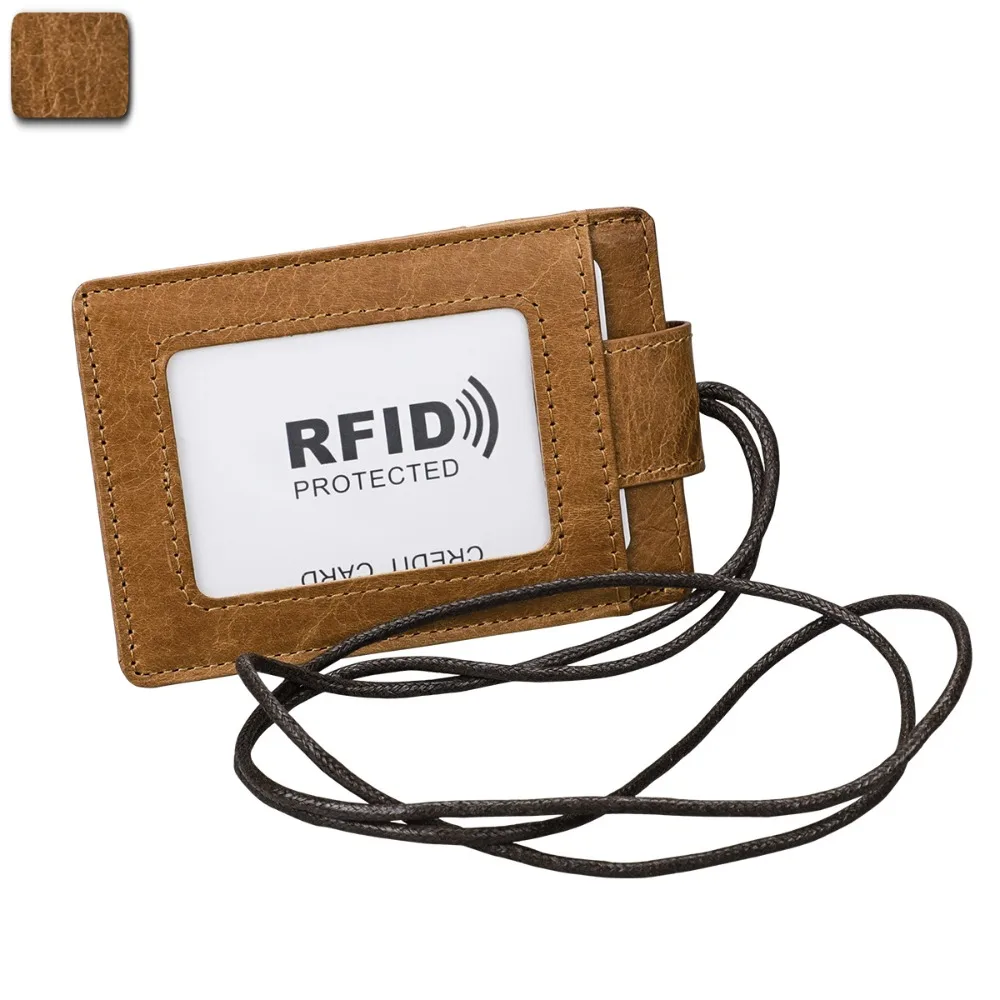 

Genuine Leather ID Card Holder RFID Blocking With Lanyard RFID Blocking Card Cover Identity Badge Slim Wallet Work Card Holders