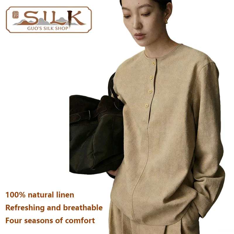 

Женская рубашка из натурального льна - элегантная и изящная рубашка для делового повседневного стиля, дышащая, впитывает пот, комфортная.