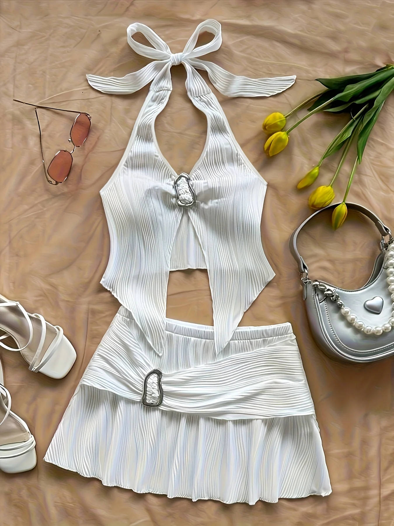 Elegant Summer New Pure Color Texture Fabric V-Neck Halter Top And Skirt Set for Women Two-Piece Outfit