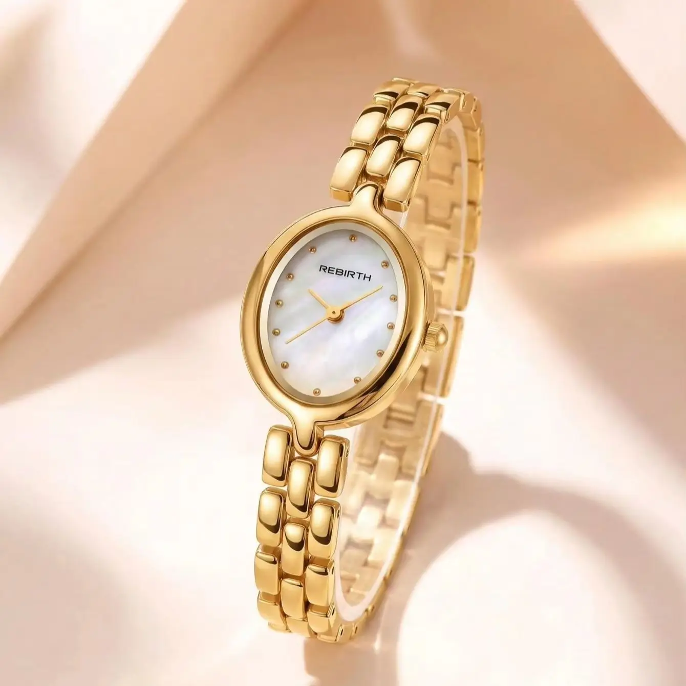 Elegant oval mother-of-pearl dial women's quartz watch, light luxury fine metal steel strap wristwatch, simple and stylish, suitable for commuting, niche women's watch