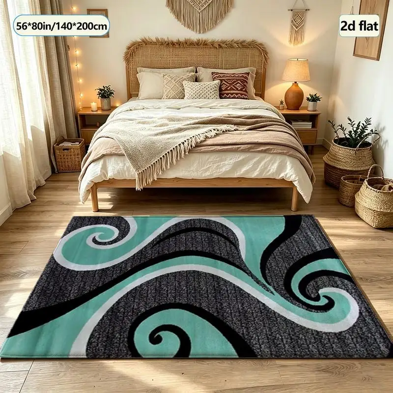 Fashion Cyan Black White Swirl Wave Abstract Carpet Floor Home Living Room Decorative Floor Mat