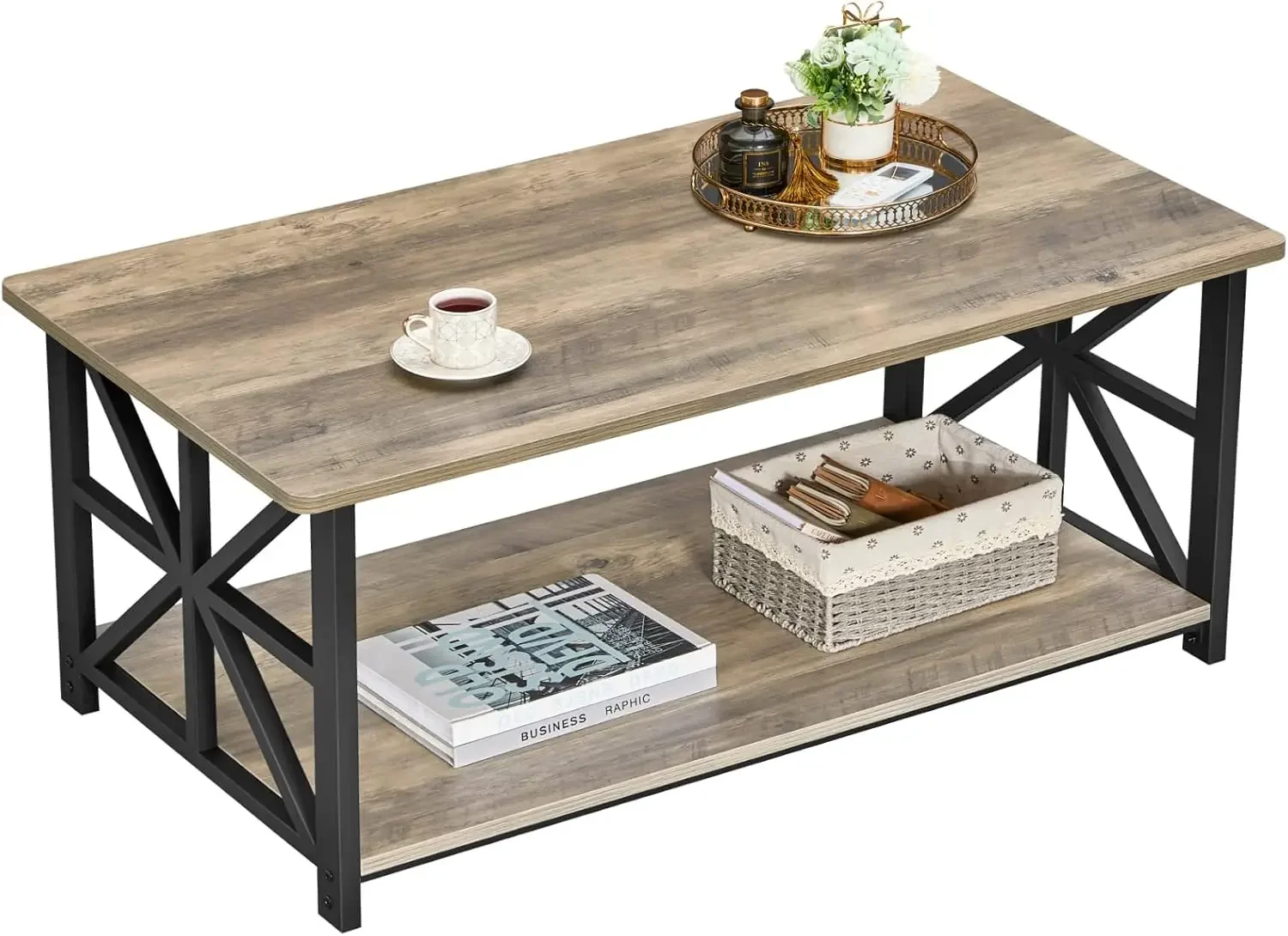 GreenForest Coffee Table for Living Room with Round Corners Farmhouse Style Center Table with Storage Shelf 39 Inch Space Saving