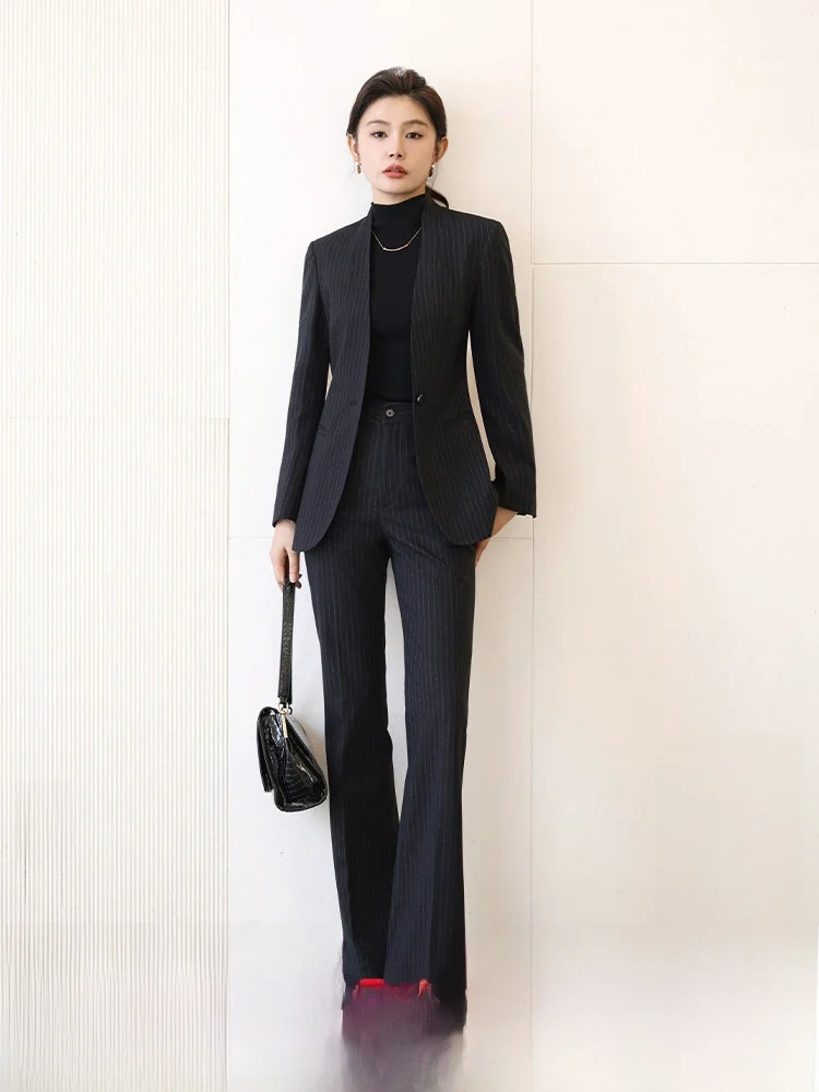 

YSJX Ladylike Striped Suit Set Women's Busin Casual High Collar Long Sve Bla Suiting Jaet Ele Godd Sle