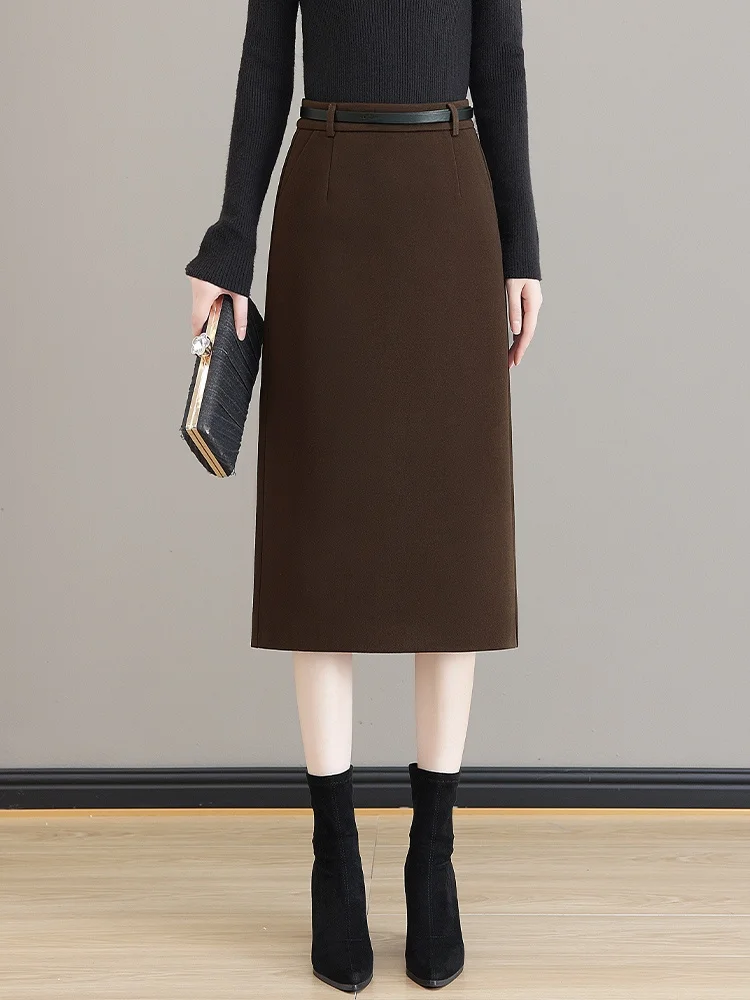 

Caramel Woolen High Waist Suit Skirt Women's Autumn Winter New Style Professional Slimming Midi Length Wraparound Skirt