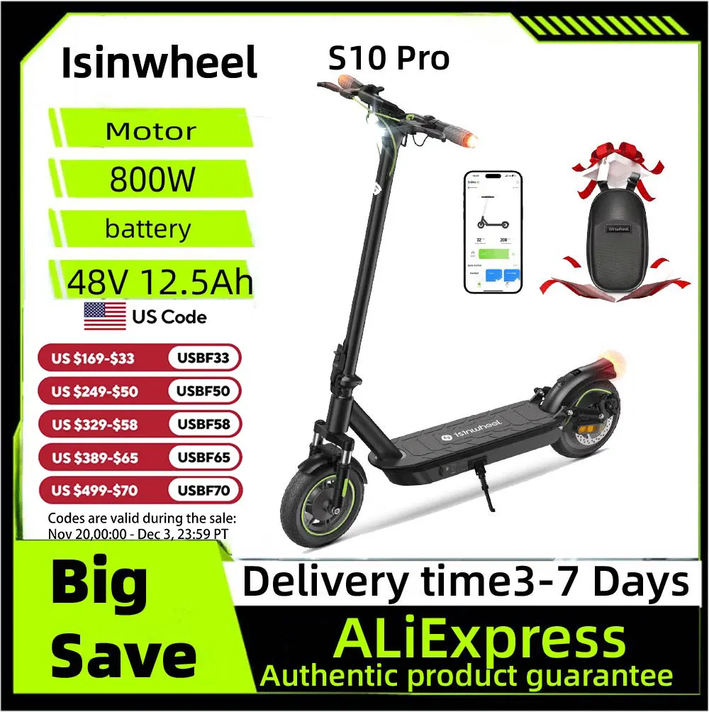 

Isinwheel S10 Pro Foldable Electric Scooter 48V 12.5Ah Battery 10" Pneumatic Tires Adult City E-scooter