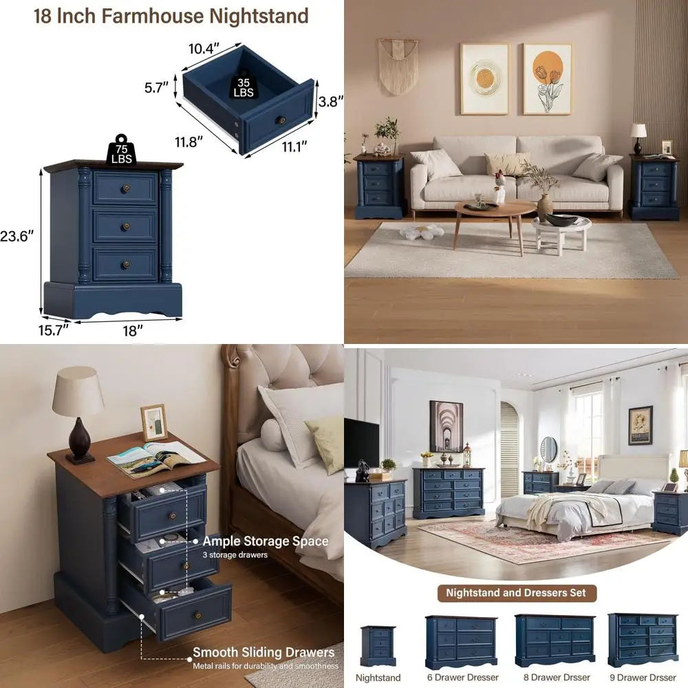 

Прикроватная тумбочка в деревенском стиле с 3 ящиками, широкий приставный столик для хранения вещей 18 с винтажным шармом, современный торцевой столик середины века, синий индиго для спальни Dre