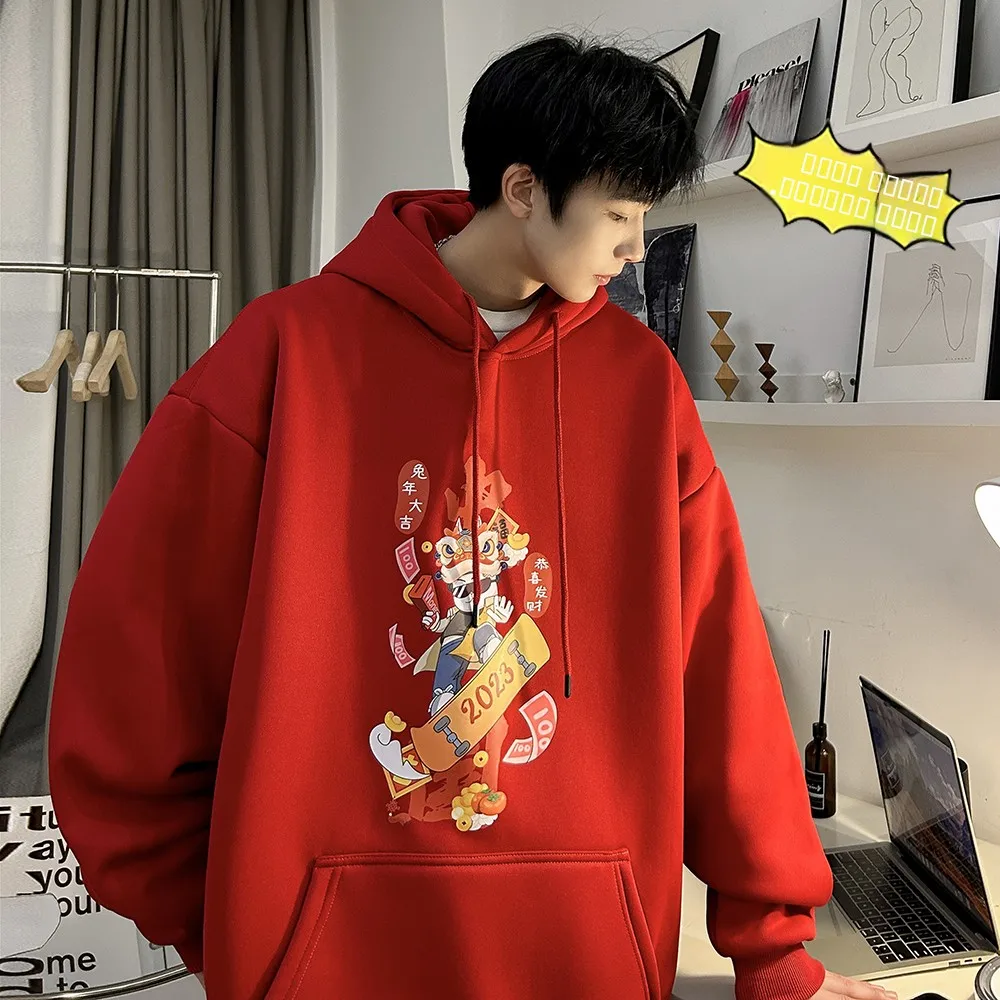 

Мужская зимняя толстовка Luy Year с капюшоном, новая, на флисовой подкладке, с мультяшным принтом, плотная, молодежная, модная, повседневная одежда