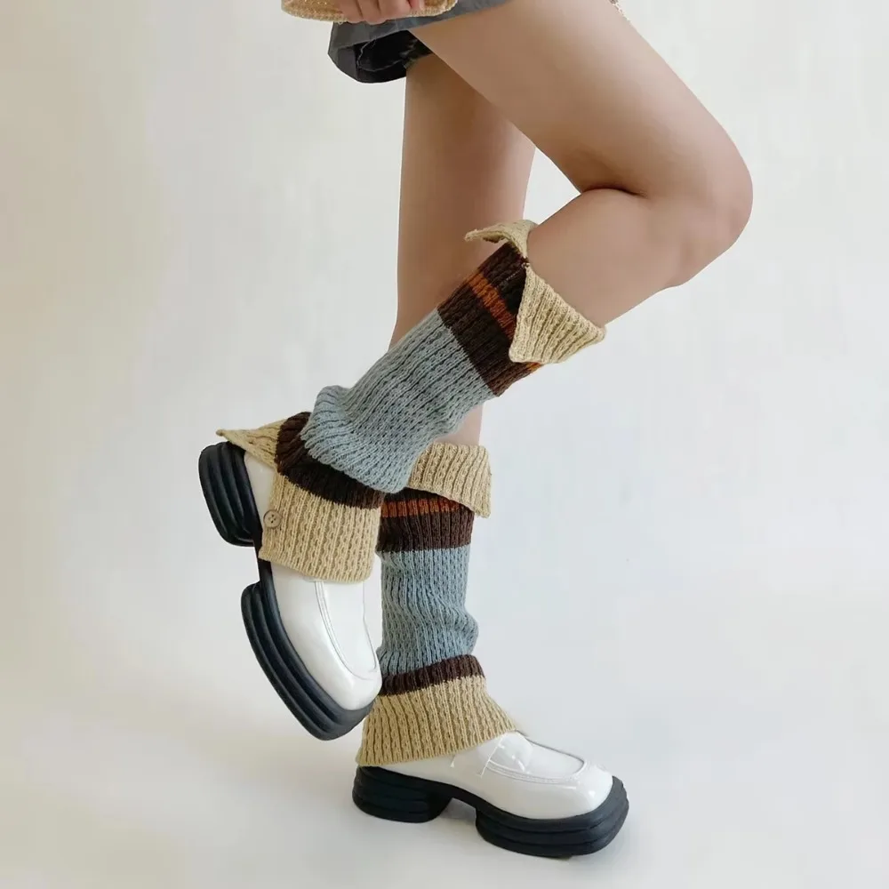 1 pair New Kawaii Retro Leg Warmers Winter Y2K Knee Calf Long Socks Contrast Color Button Opening Pile Knitted Wool Long Socks