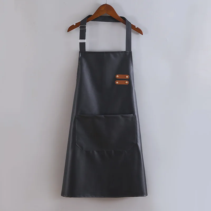 PU Leather Waterproof and Oil Resistant Apron Kitchen Workwear Home Cooking Cleaning Unisex Sleeveless Apron Adjustable