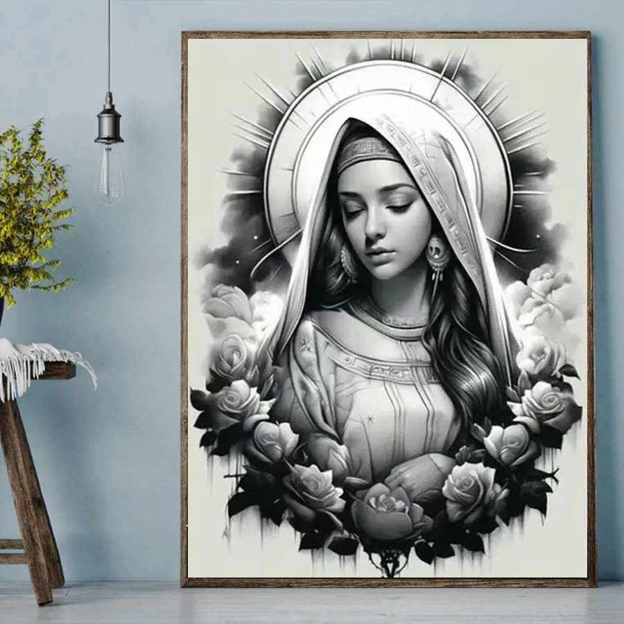 Black And White Virgin Mary DIY 5D Diamond Painting Full drill Diamond Painting,Handmade Home Art Diamond mosaic religious icons