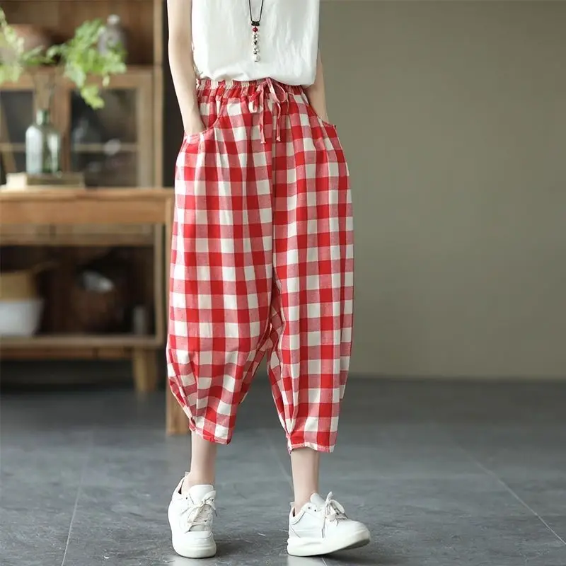 

Summer Retro Women's Clothing Plaid Elastic Pockets High Waisted Contrast Color Bloomers Drawstring Casual Loose Fashion Pants