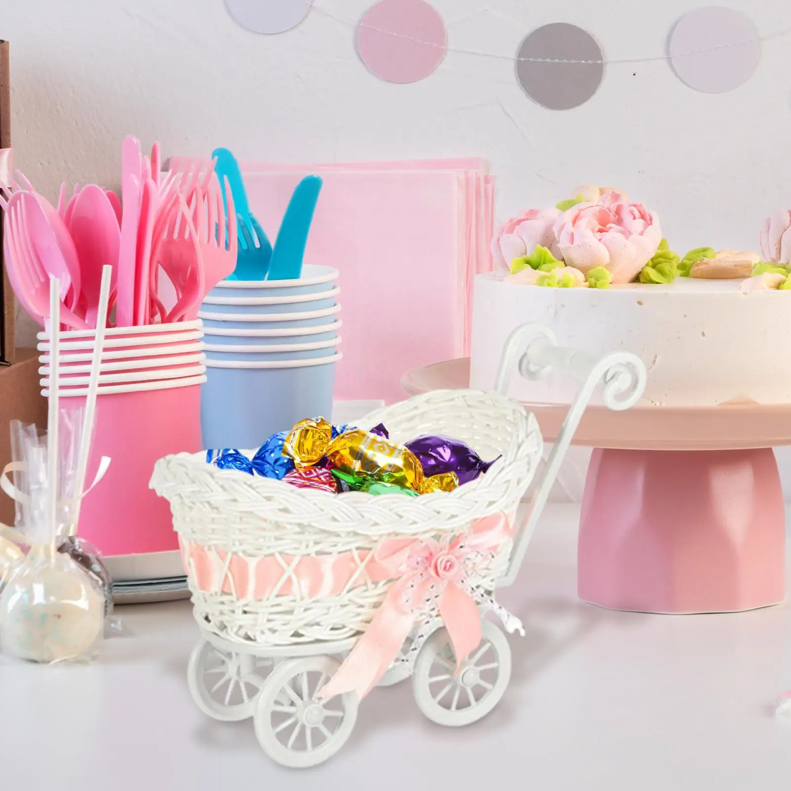 

Корзина для цветов, имитация ротанга, тележка для хранения конфет, тележка, настольный орнамент, декоративный контейнер для дома и улицы