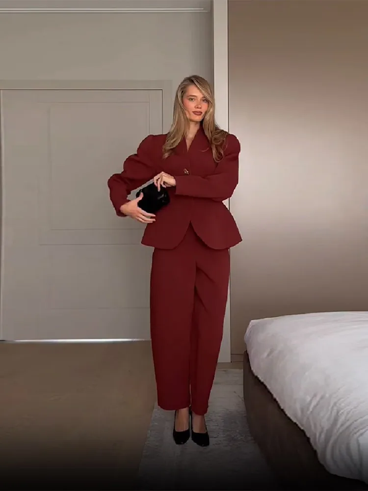 بدلة أنيقة سترة فستان أطفال مع سروال داخلي المرأة ضئيلة الخامس الرقبة نفخة الأكمام زر واحد السترة الصلبة مستقيم بانت 2025 سيدة مكتب الزي #4