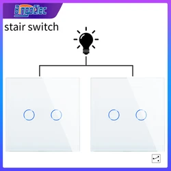 Bingoelec 1Gang 2Way Stair Wall Switch White Crystal Toughened Glass Touch 2Way Light Switch EU/UK standard AC110-250V
