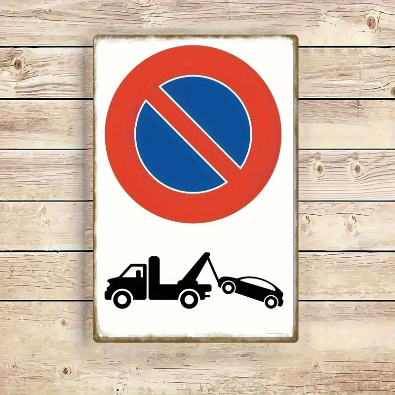 Vintage No Parking Metal Wall Art, Tow Away Sign, Red White Blue Round Symbol, 20x30 cm Durable Home Bar Decor