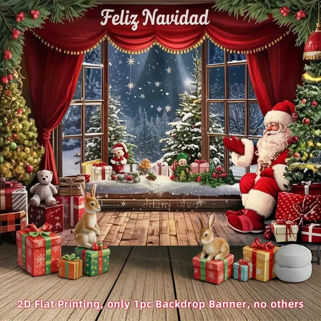 Spanish Christmas Santa Window Tapestry, Festive Reindeer and Gift Scene, Holiday Wall Art for Indoor Outdoor Party Decor
