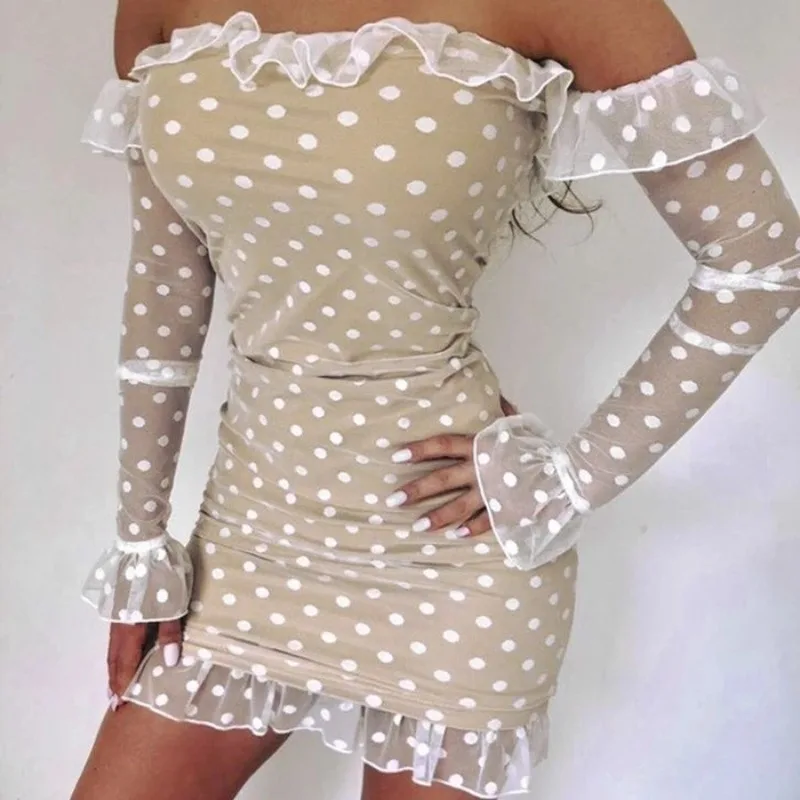 

New Women's Clothing Slim Ruffled Design Long Sleeve Polka Dot Lace Sexy Dress Temperament Female Fashion Skinny Bandeau Dresses