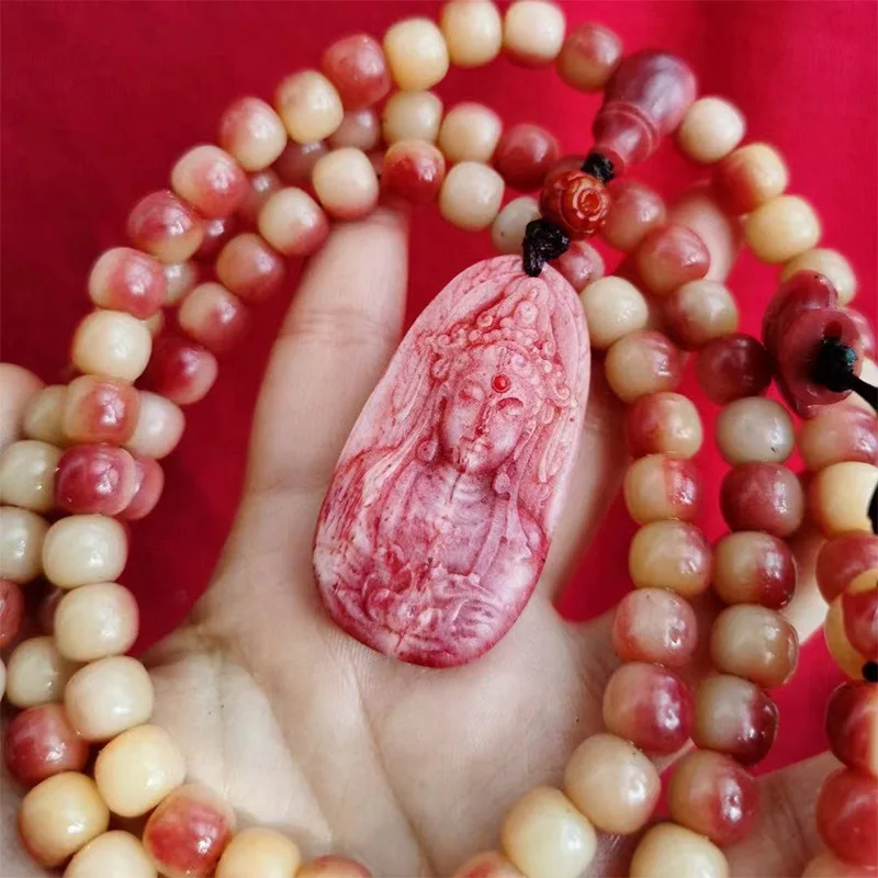 Blood bone bracelet 9*8mm 108 beads distinct tadpole pattern paired with a three-hole Guanyin pendant made of the same mat