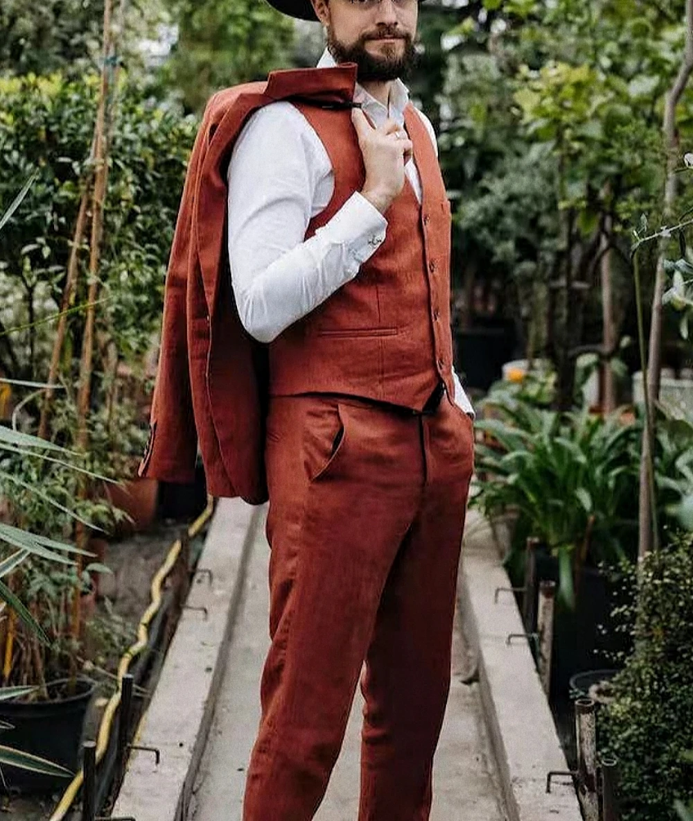 

Fashionable Linen Men's 3 piece suit set Suit jacket pants vest Spring Summer countryside style wedding dress suit
