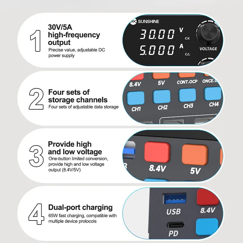 SUNSHINE P2 Pro 330 W Intelligentes geregeltes Gleichstromnetzteil Ringkerntransformator 30 V/5 A Ausgang Reparaturwerkzeuge