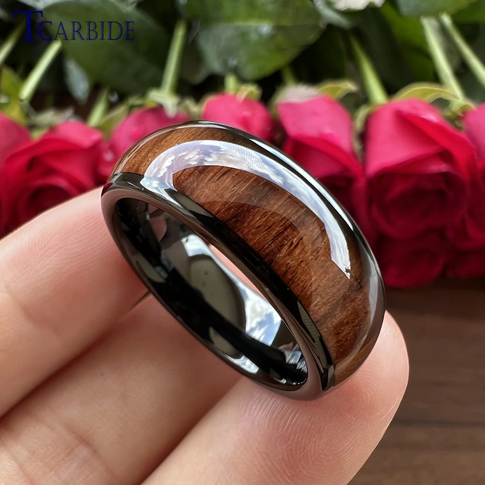 6MM 8MM Men Women Tungsten Carbide Ring Wedding Band Domed Polished With Dark Wood Inlay Trendy Gift Jewelry Comfort Fit