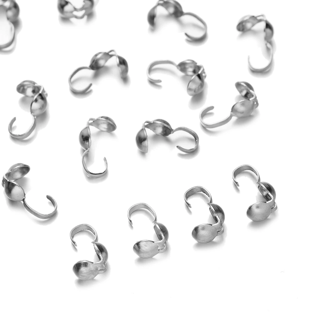 50pcs Stainless Steel Fold-Over Bead Tips Clamshell Crimp Knot Covers Cord End Caps for DIY Bracelet Necklace Jewelry Making