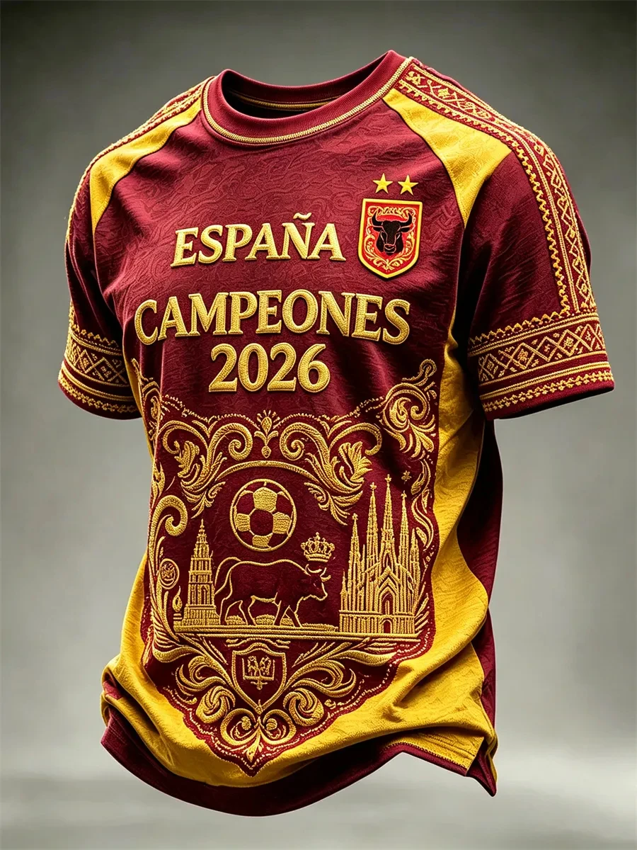Camiseta de fútbol «Spain Champions 2026» para hombre: cuello redondo, manga corta, diseño gráfico en burdeos y dorado; prenda deportiva casual para aficionados.