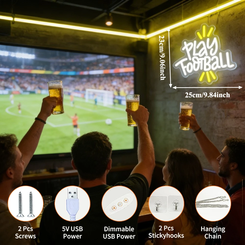Play Football Neon Sign LED Light USB Rechargeable Wall Art Sign for Kids Room Boys Bedroom Sports Theme Decor Game Room Gift