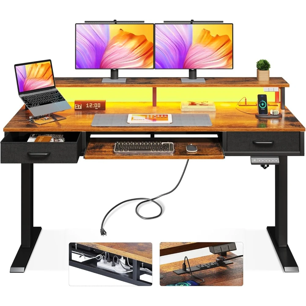 Electric Standing Desk with Drawers & Keyboard Tray, 55 Inch Height Adjustable Desk with Power Outlets & LED Lights for Office