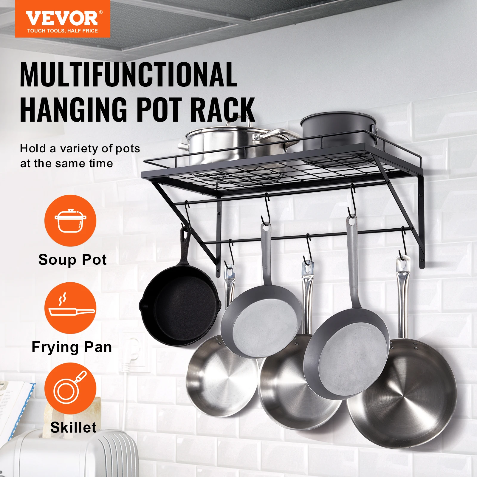 VEVOR 24inch Wall Mounted Pot Rack Storage Shelf with 2 Tier Hanging Rails 12 S Hooks included Ideal for Pans Utensils Cookware