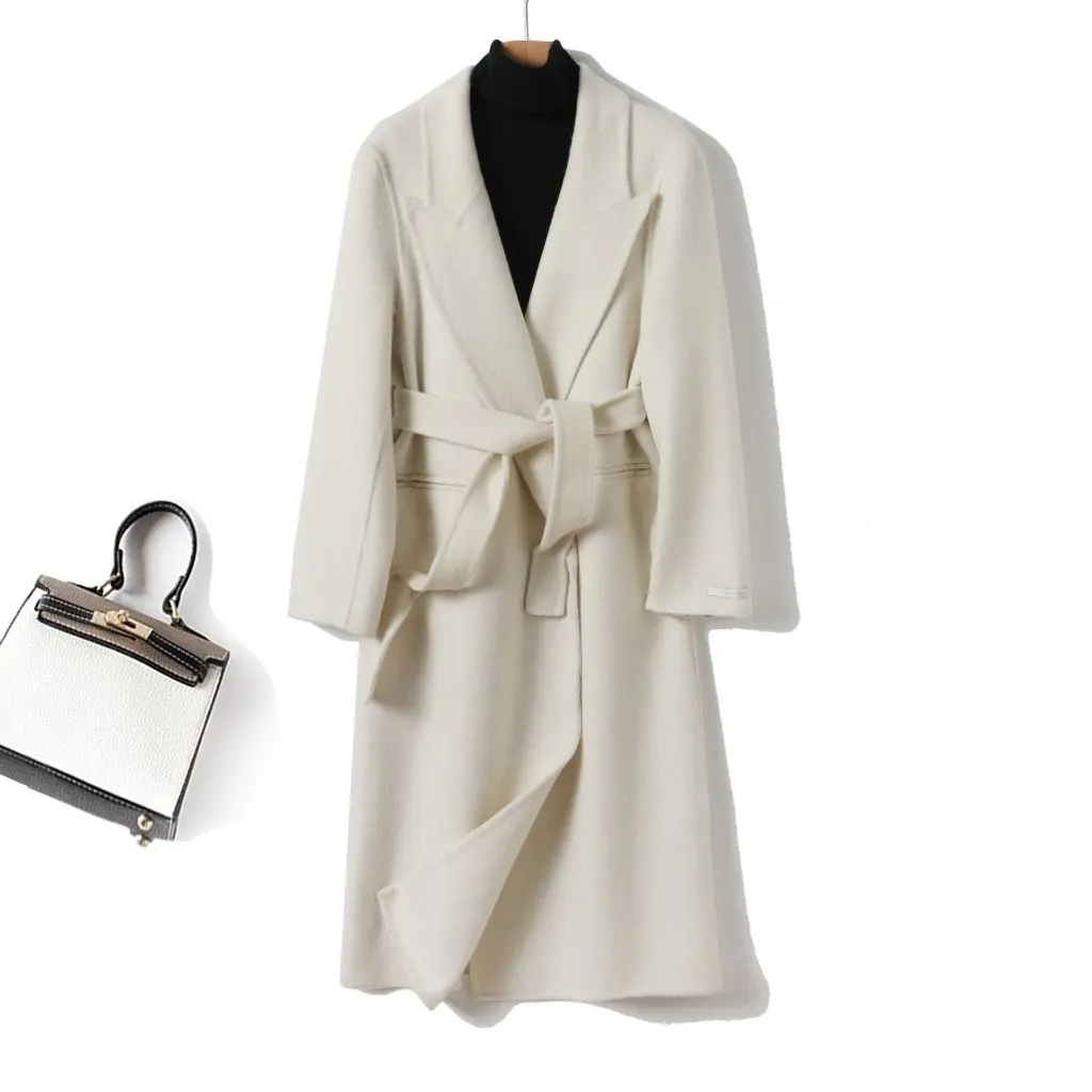 

Elegant Double-Sided European American Women's Long Coat Belted Autumn Winter New Fashionable Wholesale Suit Collar