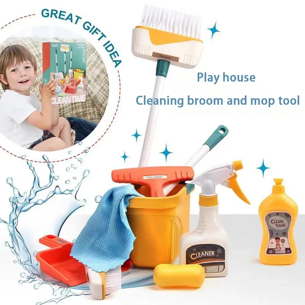 12pcs/set Kids Cleaning Set Housework Supplies Kit with Dustpan Broom Bucket Mop Cleaning Set Play House Toys for Boys & Girls