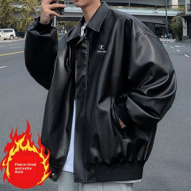 

Мужской кожаный костюм из ПУ-кожи в американском стиле, крутой мотоциклетный винтажный весенне-осенний пиджак в корейском стиле, ветровка с воротником-стойкой