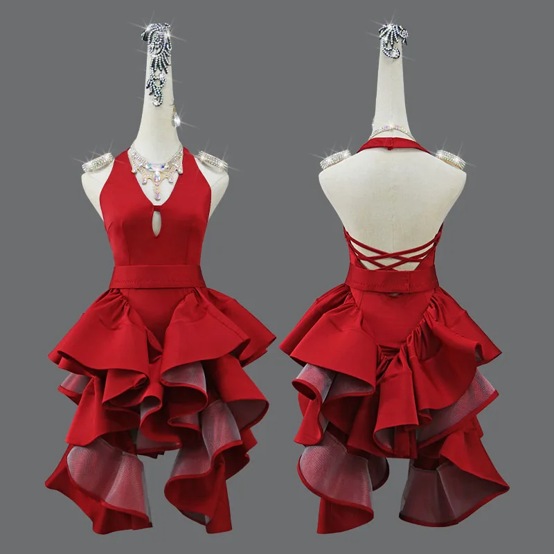 

Red Latin Dance Competition Costume Sexy Women's Professional Clothes Girl's Plus Size Customization Ballroom Short Skirt Wear