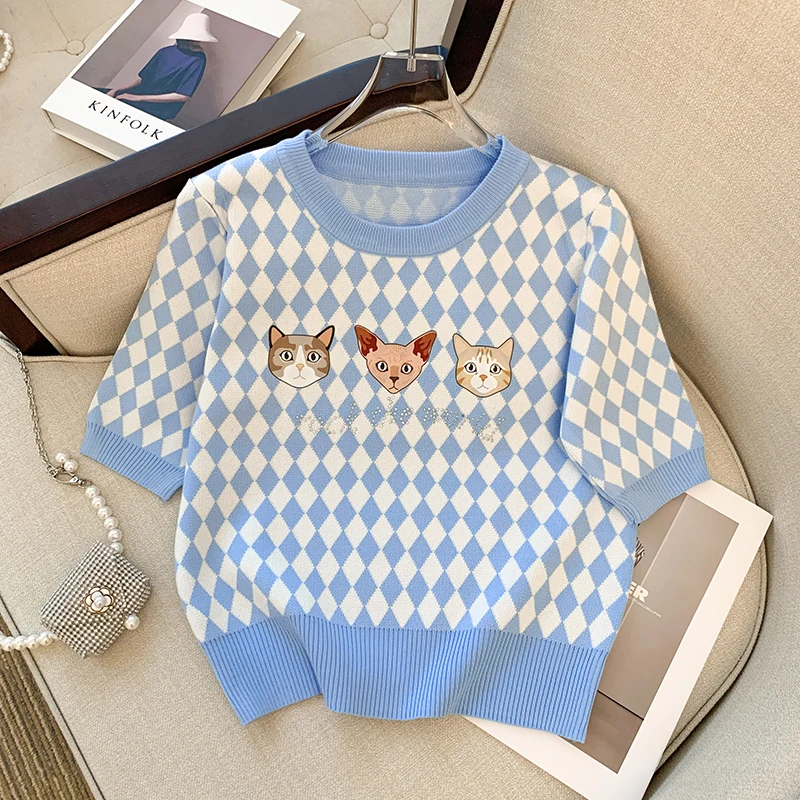 Summer Checkerboard Knitted Sweater Women Cartoon Cat Embroidered Short Sleeve Thin Ice Silk Sweater Casual Chic Knitwear Tops