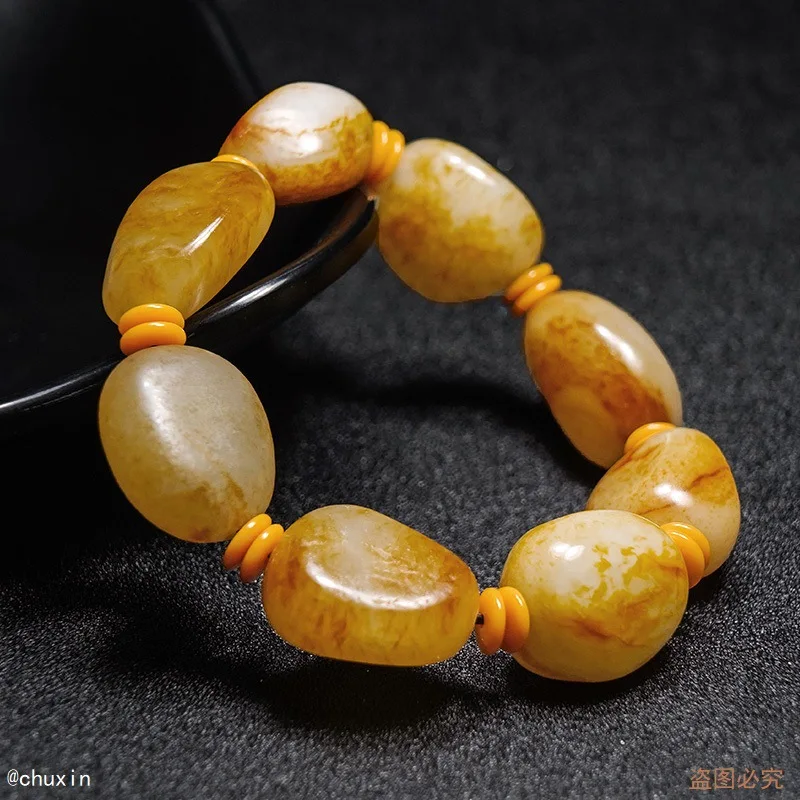 

Natural Hetian Jade Tumbled Stone Bracelet Genuine Chinese Raw Jade Stone With Skin Nephrite Seed Stones Beads Bracelets Bangle