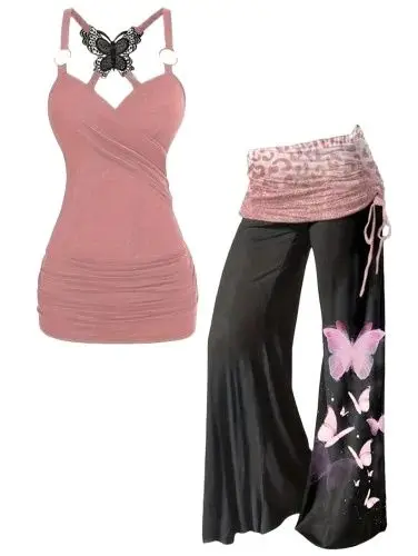 

Plus Size Drawstring butterfly lace lotus pink patchwork top tie dye wide leg pants two-piece set