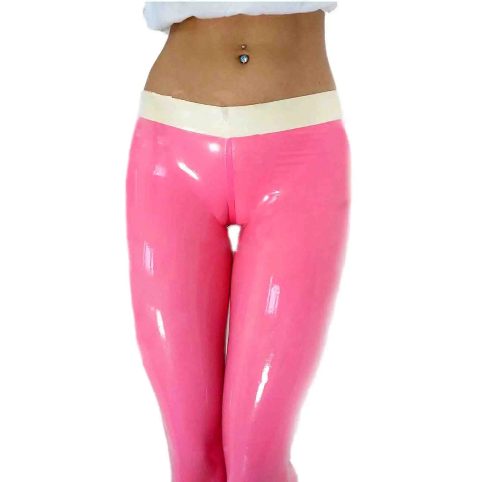 

MONNIK Hot Pink Latex leggings Sexy Women's Rubber pants Leggings with White Trims for fetish Catsuit Club party