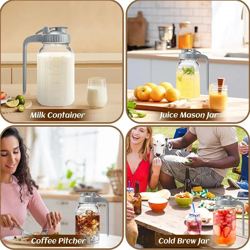 A98E-Glass Pitchers With Lid And Handle,32Oz,Wide Mouth Leak-Proof Glass Water Pitcher, Creamer Container For Cold Brew 2Pcs
